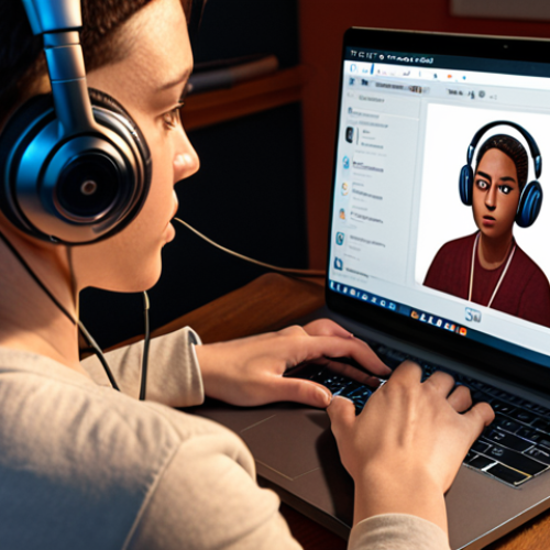 Home 15 **
A person wearing headphones, intently focused on a laptop displaying a podcast interface with a visible transcript. Include visual cues indicating interactive elements like quizzes or questions on the screen. The background should suggest a cozy study environment.
**
