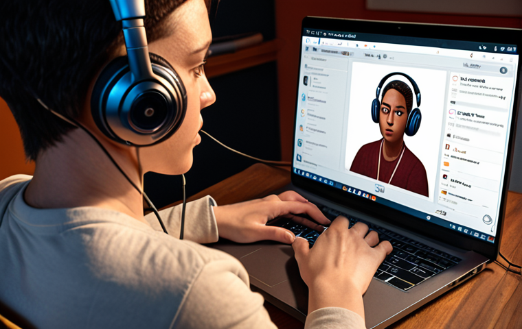 **

A person wearing headphones, intently focused on a laptop displaying a podcast interface with a visible transcript. Include visual cues indicating interactive elements like quizzes or questions on the screen. The background should suggest a cozy study environment.

**