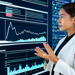 A professional female researcher in modest business attire, focused intently on a holographic data display showcasing intricate language learning trends and AI integration models. She is positioned in a sleek, futuristic research lab, with large digital screens in the background subtly displaying complex linguistic patterns and analytical charts. The scene emphasizes innovation and data-driven insights in language education, fully clothed, appropriate attire, safe for work, professional, perfect anatomy, correct proportions, natural pose, well-formed hands, proper finger count, natural body proportions.