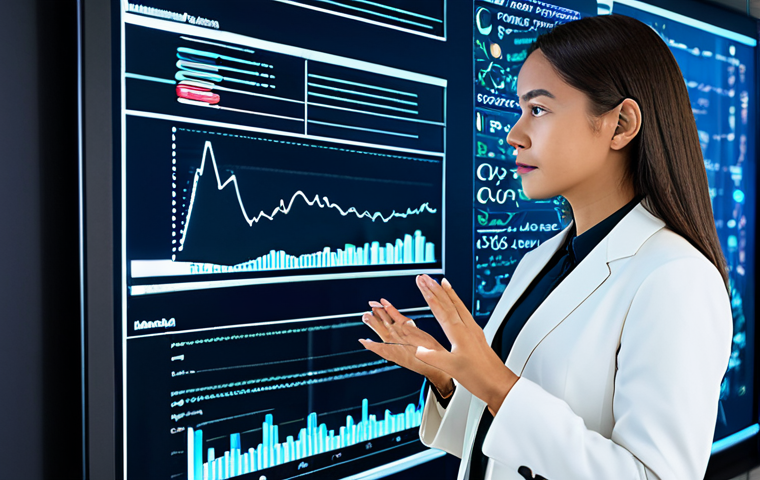 A professional female researcher in modest business attire, focused intently on a holographic data display showcasing intricate language learning trends and AI integration models. She is positioned in a sleek, futuristic research lab, with large digital screens in the background subtly displaying complex linguistic patterns and analytical charts. The scene emphasizes innovation and data-driven insights in language education, fully clothed, appropriate attire, safe for work, professional, perfect anatomy, correct proportions, natural pose, well-formed hands, proper finger count, natural body proportions.