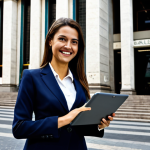 **

A professional businesswoman, fully clothed in a stylish, modest "tailleur" (business suit), standing in front of the Bolsa de Valores de São Paulo (São Paulo Stock Exchange).  She is holding a tablet and smiling confidently.  The background features the bustling city of São Paulo.  Safe for work, appropriate content, perfect anatomy, natural proportions, professional, high quality, well-formed hands, proper finger count, natural body proportions, family-friendly.

**