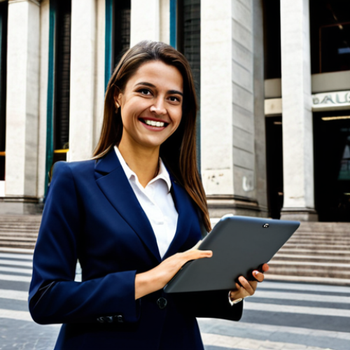 Home 7 **
A professional businesswoman, fully clothed in a stylish, modest "tailleur" (business suit), standing in front of the Bolsa de Valores de São Paulo (São Paulo Stock Exchange). She is holding a tablet and smiling confidently. The background features the bustling city of São Paulo. Safe for work, appropriate content, perfect anatomy, natural proportions, professional, high quality, well-formed hands, proper finger count, natural body proportions, family-friendly.
**