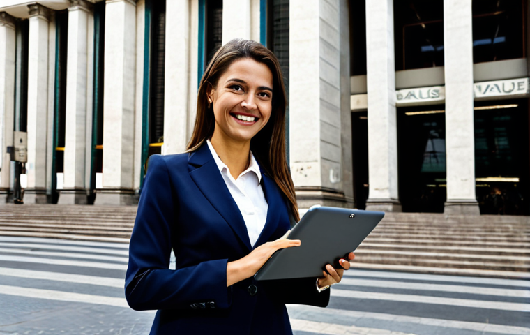 **

A professional businesswoman, fully clothed in a stylish, modest "tailleur" (business suit), standing in front of the Bolsa de Valores de São Paulo (São Paulo Stock Exchange).  She is holding a tablet and smiling confidently.  The background features the bustling city of São Paulo.  Safe for work, appropriate content, perfect anatomy, natural proportions, professional, high quality, well-formed hands, proper finger count, natural body proportions, family-friendly.

**