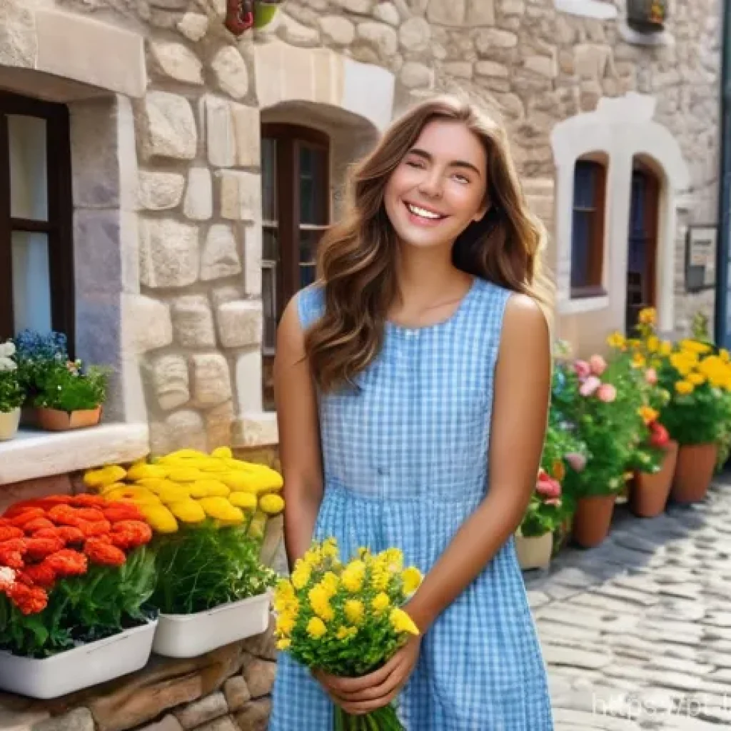 언어교육학의 발전 - A joyful young woman, approximately 20 years old, with long, wavy brown hair, wearing a stylish, mod...