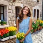 언어교육학의 발전 - A joyful young woman, approximately 20 years old, with long, wavy brown hair, wearing a stylish, mod...