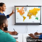 Home 21 언어 교육 정책 변화 - A modern language teacher in a bright, contemporary classroom using a large interactive digital whit...