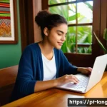Home 19 언어 교육에서의 듣기 훈련법 - A cozy home study scene featuring a young adult woman of Brazilian descent practicing language liste...