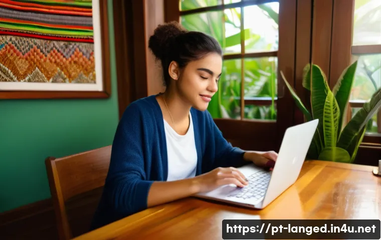 언어 교육에서의 듣기 훈련법 - A cozy home study scene featuring a young adult woman of Brazilian descent practicing language liste...
